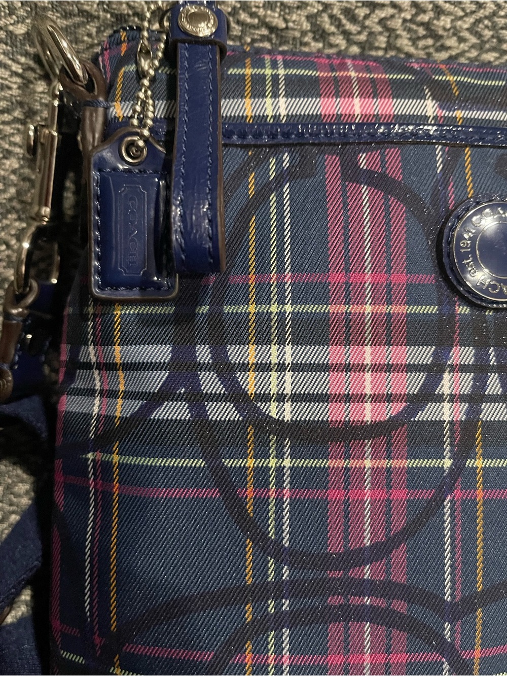 Coach Navy Tartan Plaid Poppy Crossbody with Pink and Yellow Accents - Picture 2 of 6